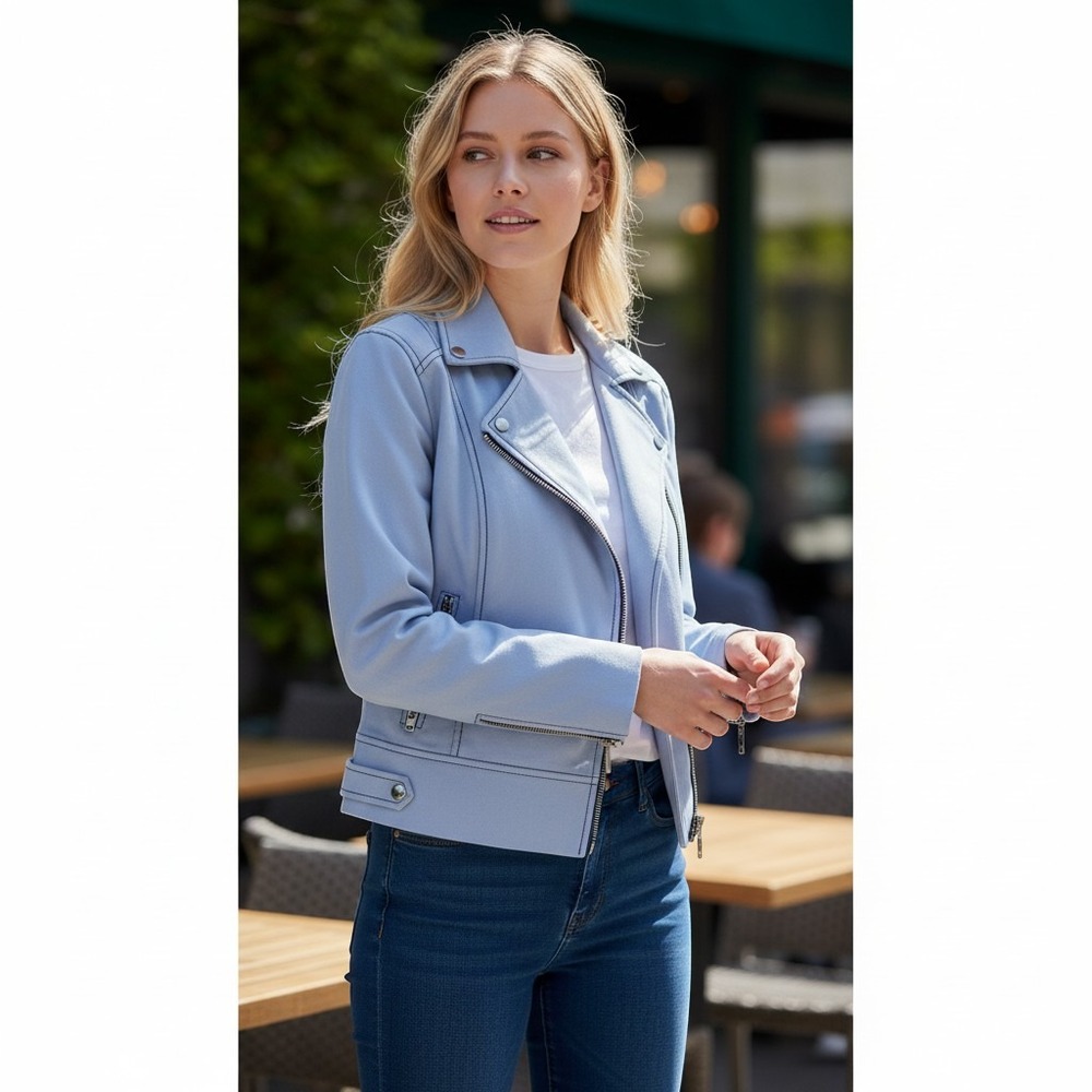 St John Sport Marie Gray Blue Moto Jacket Contrast Stitch Mock Neck Medium